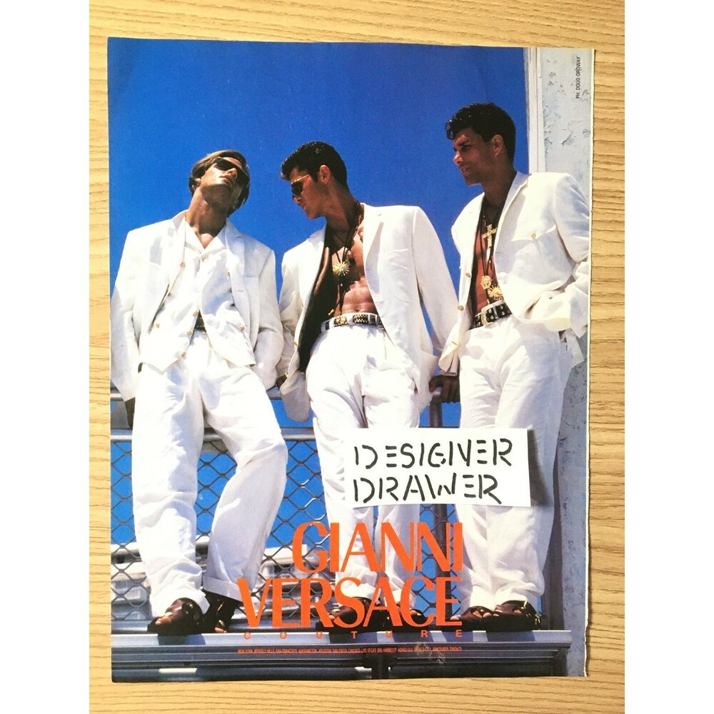 Gianni Versace Couture Men's White Suits 1993 Vintage Print Advertisement